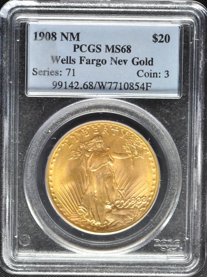 アンティークコイン　アメリカ　20ドル金貨セントゴーデンズ 1908 NO MOTTO WELLS FARGO PCGS MS68