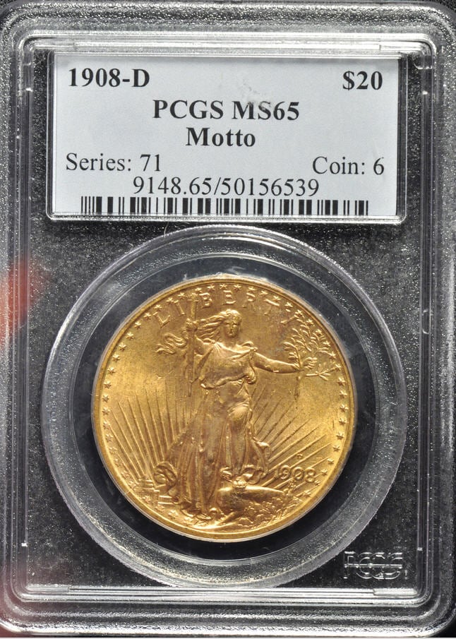 アンティークコイン　アメリカ　20ドル金貨セントゴーデンズ 1908-D MOTTO PCGS MS65