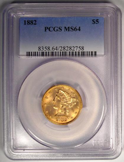 アンティークコイン　アメリカ　5ドル金貨リバティヘッド 1882 Liberty Gold Half Eagle ＄5 - PCGS MS64