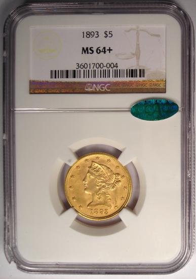 アンティークコイン　アメリカ　5ドル金貨リバティヘッド 1893 Liberty Gold Half Eagle ＄5 - NGC MS64＋ CAC