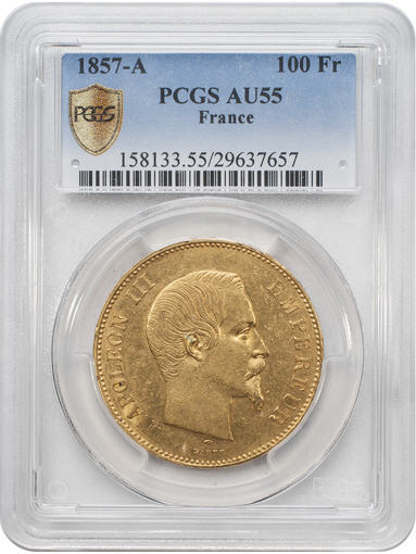 【動画あり】アンティークコイン_フランス金貨_エンペラー_ナポレオンⅢ_1857-A年100フラン PCGS　AU55