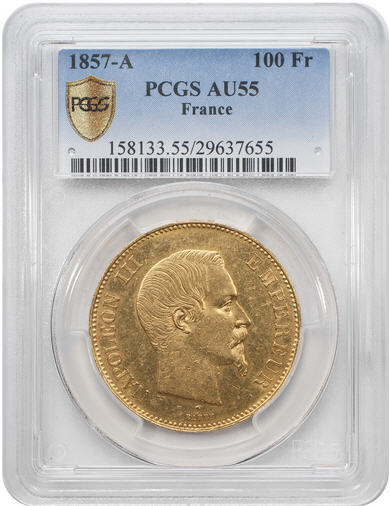 【動画あり】アンティークコイン_フランス金貨_エンペラー_ナポレオンⅢ_1857-A年100フラン PCGS　AU55