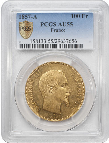 【動画あり】アンティークコイン_フランス金貨_エンペラー_ナポレオンⅢ_1857-A年100フラン PCGS　AU55
