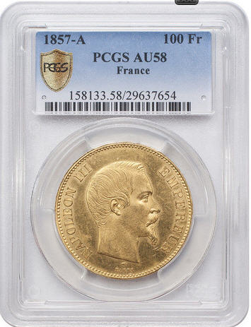 【動画あり】アンティークコイン_フランス金貨_エンペラー_ナポレオンⅢ_1857-A年100フラン PCGS　AU58