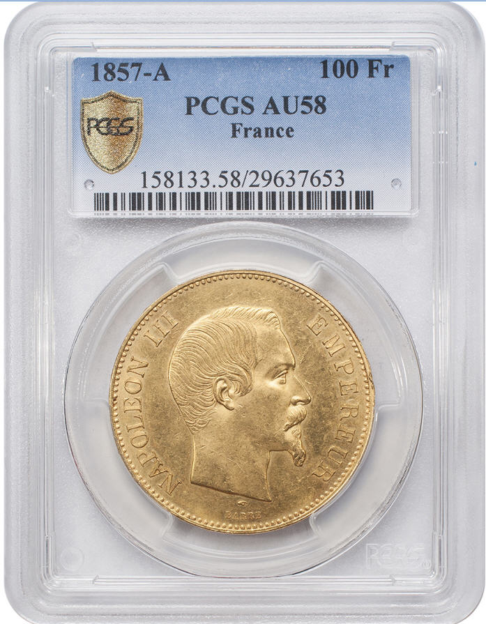 【大幅値下げ】【動画あり】アンティークコイン_フランス金貨_エンペラー_ナポレオンⅢ_1857-A年100フラン PCGS　AU58