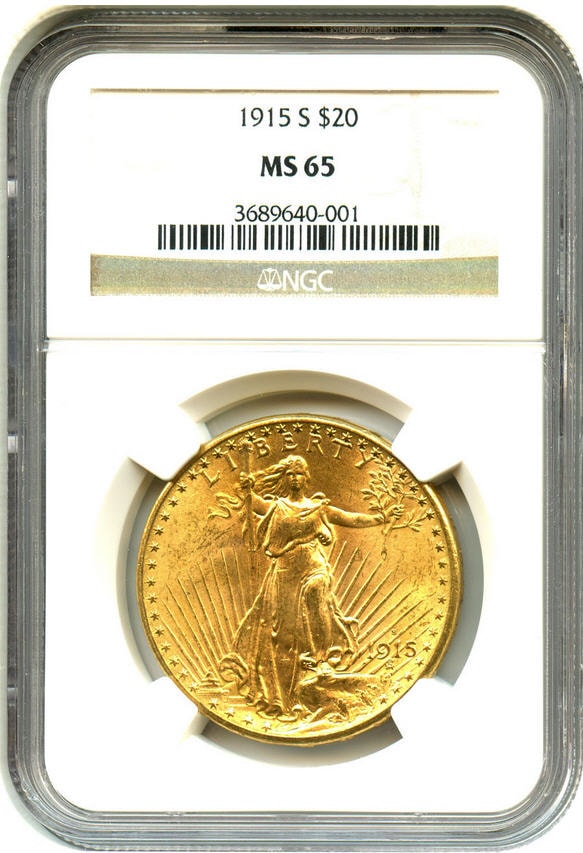 アンティークコイン　アメリカ　20ドル金貨セントゴーデンズ 1915-S ＄20 NGC MS65