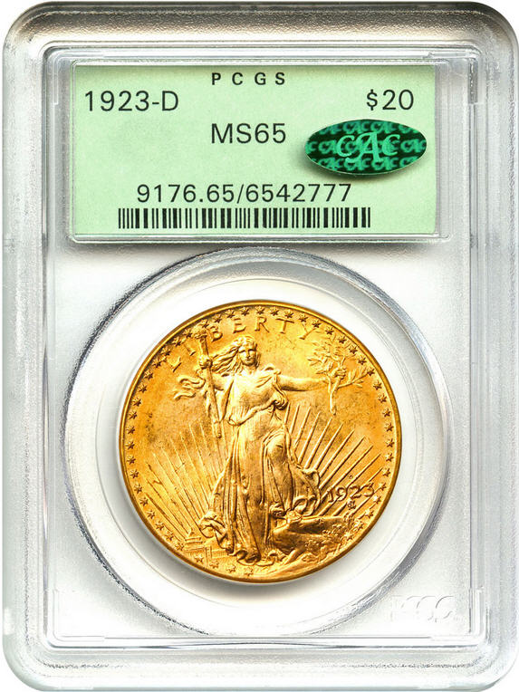 アンティークコイン　アメリカ　20ドル金貨セントゴーデンズ 1923-D ＄20 PCGS/CAC MS65 OGH