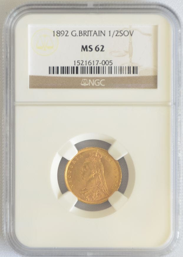 【動画あり】イギリス　1/2ソブリン金貨1892 Great Britain Gold 1/2 Sovereign NGC MS 62