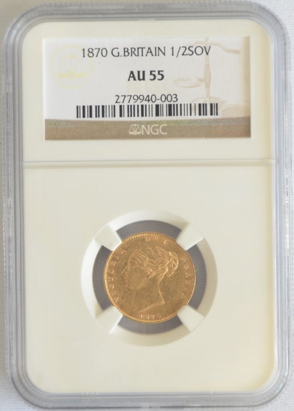 【動画あり】イギリス　1/2ソブリン金貨1870 Great Britain Gold 1/2 Sovereign NGC AU55