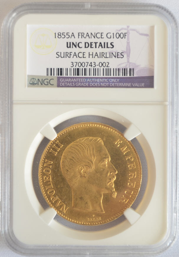 【動画あり】アンティークコイン_フランス金貨_エンペラー_ナポレオンIII 1855-A年100フラン NGC UNC DETAILS