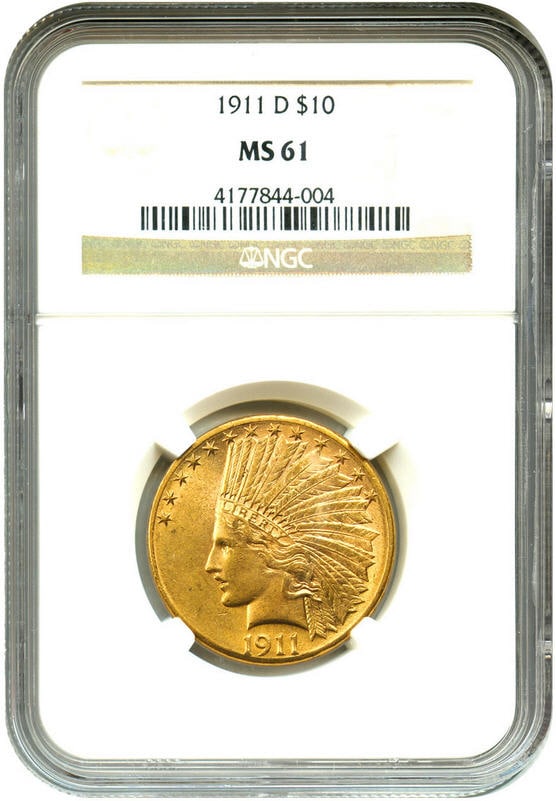 アメリカ　10ドル金貨インディアンヘッド 1911-D ＄10 NGC MS61