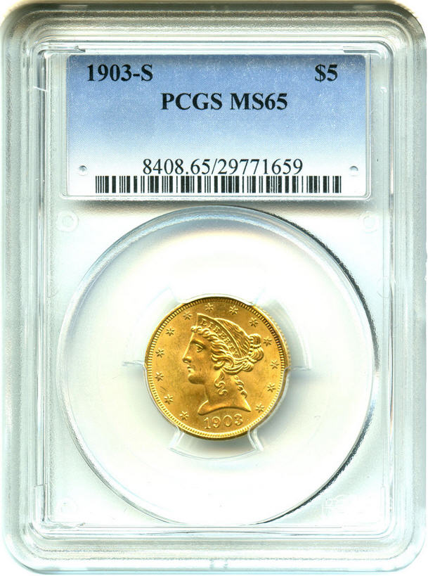 アンティークコイン　アメリカ　5ドル金貨リバティヘッド 1903-S ＄5 PCGS MS65