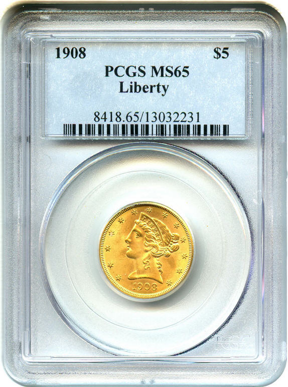 アンティークコイン　アメリカ　5ドル金貨リバティヘッド 1908 Liberty ＄5 PCGS MS65