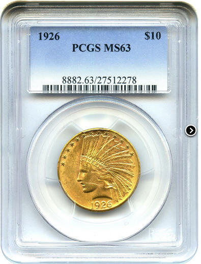 アメリカ　10ドル金貨インディアンヘッド1926 ＄10 PCGS MS63