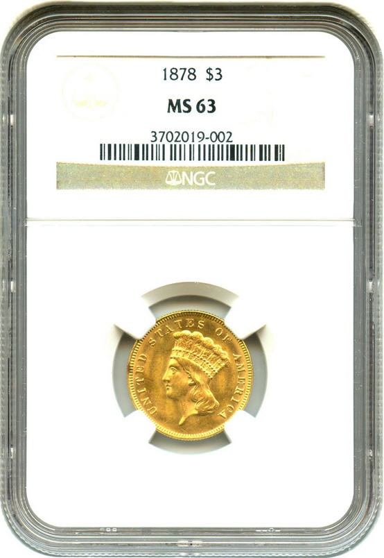 アンティークコイン アメリカ 3ドル金貨インディアンプリンスヘッド1878 $3 NGC MS63