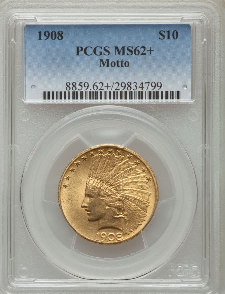 アメリカ　10ドル金貨インディアンヘッド1908 ＄10 Motto MS62＋ PCGS. PCGS