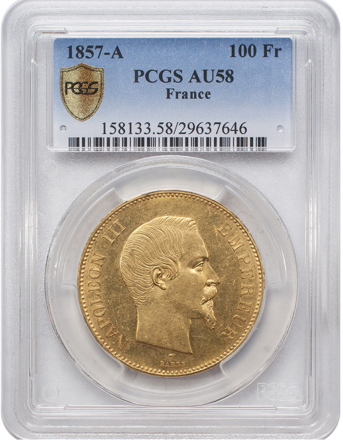 【動画あり】アンティークコイン_フランス金貨_エンペラー_ナポレオンⅢ_1857-A年100フラン PCGS　AU58