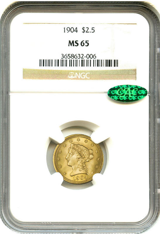 アンティークコイン　アメリカ　2.5ドル金貨 1904 ＄2 1/2 NGC/CAC MS65