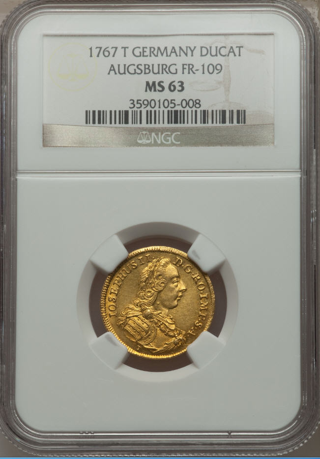 【動画あり】ドイツ1ダカット金貨　German States Augsburg. Joseph II gold Ducat 1767-T MS63 NGC