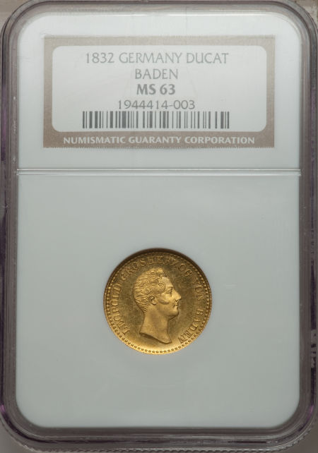 【動画あり】ドイツ1ダカット金貨　German States Baden. Leopold I Rhine-gold Ducat 1832 MS63 NGC