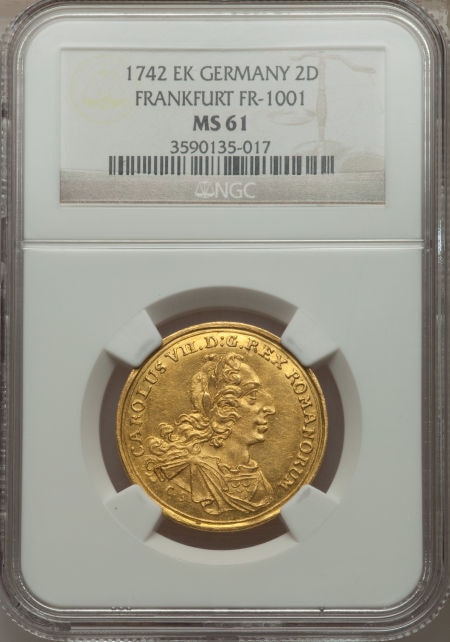 ドイツ2ダカット金貨　German States Frankfurt. Free City - Karl VII gold Coronation 2 Ducat 1742-EK MS61 NGC