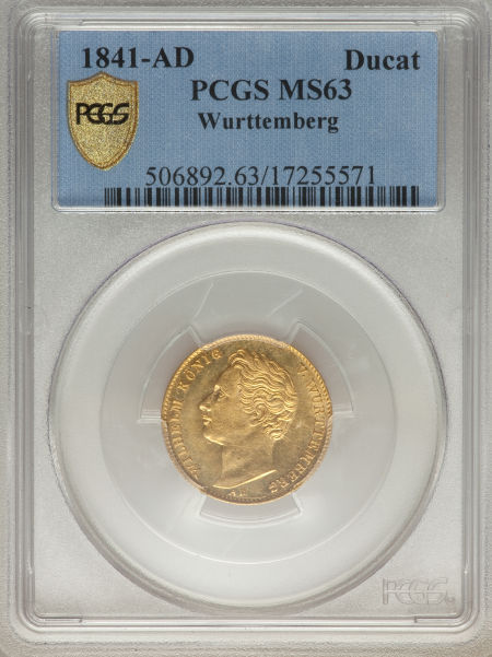 ドイツ1ダカット金貨　German States Wurttemberg. Wilhelm I gold Ducat 1841-AD MS63 PCGS