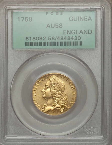 【動画あり】グレートブリテン1ギニー金貨George II gold Guinea 1758 AU58 PCGS