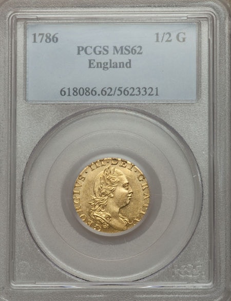【動画あり】グレートブリテン1/2ギニー金貨George III gold 1/2 Guinea 1786 MS62 PCGS