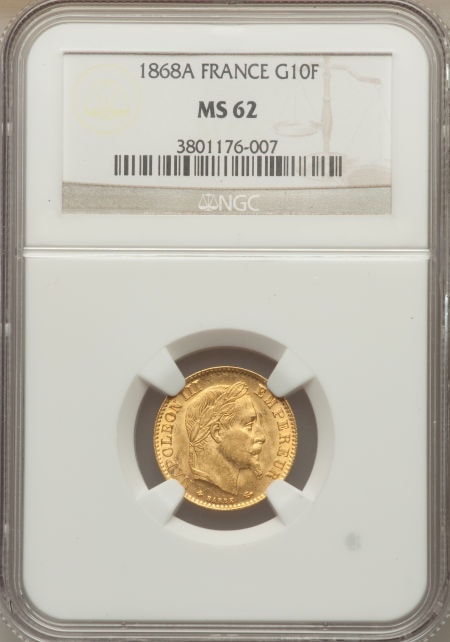 【動画あり】フランス10フラン金貨 エンペラー ナポレオン III　Napoleon III gold 10 Francs 1868-A MS62 NGC