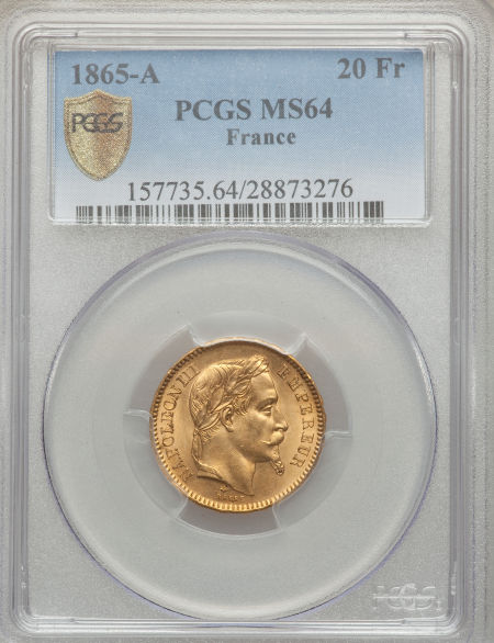 【動画あり】フランス20フラン金貨 エンペラー ナポレオン III　Napoleon III gold 20 Francs 1865-A MS64 PCGS