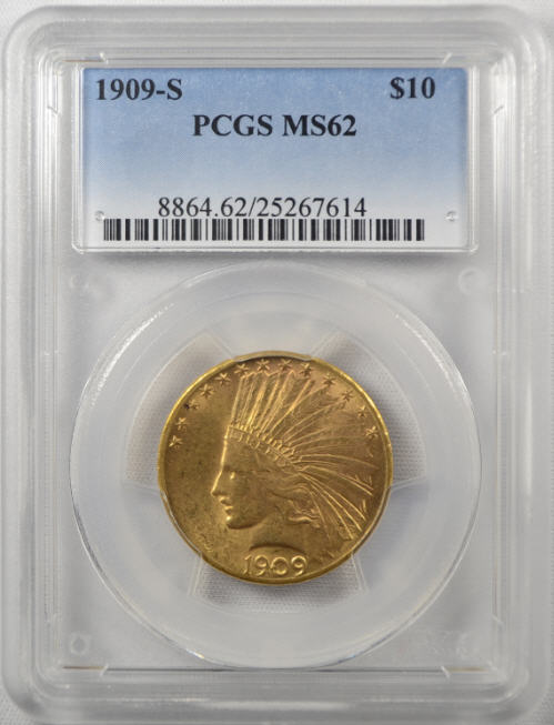 動画あり【右肩あがり】アメリカ 10ドル金貨インディアンヘッド1909-S $10 PCGS MS62