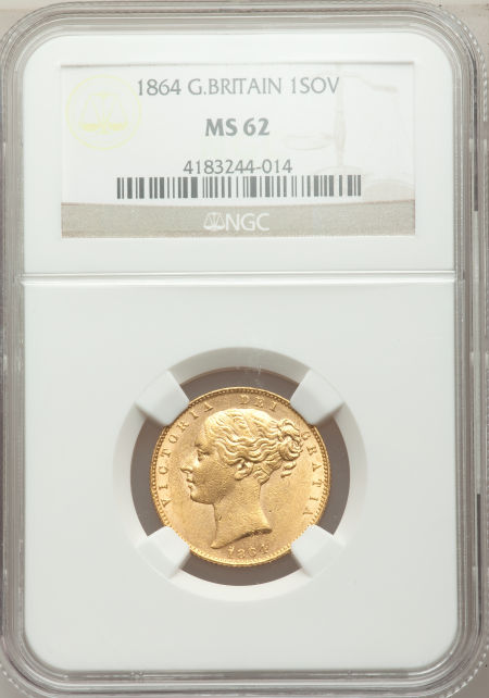 グレートブリテン　ソブリン金貨 Victoria gold  Sovereign 1864 MS62 NGC