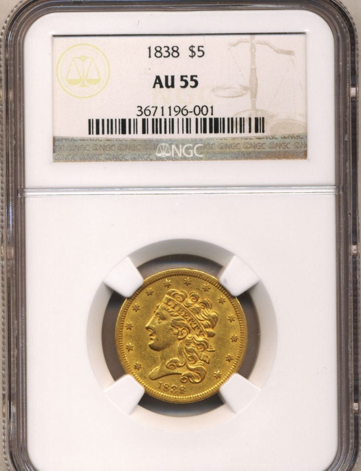 【動画あり】アンティークコイン　アメリカ　5ドル金貨1838 ＄5 クラシックヘッドAU55 NGC