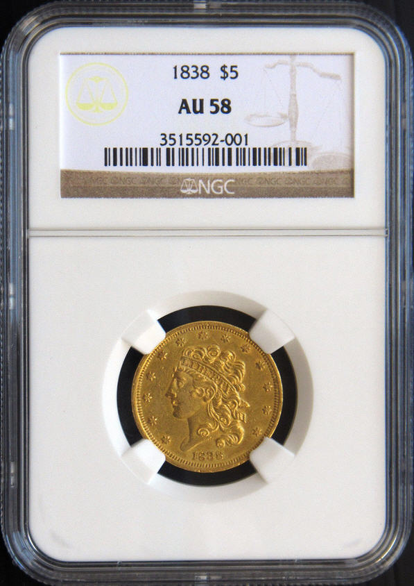 【動画あり】アンティークコイン　アメリカ　5ドル金貨1838 ＄5 クラシックヘッドAU58 NGC