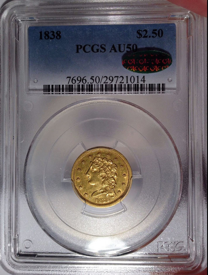 【動画あり】アンティークコイン　アメリカ　2.5ドル金貨1838 ＄2 1/2 Classic Head PCGS AU 50 CAC