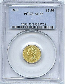 【セール品動画あり】アンティークコイン　アメリカ　2.5ドル金貨1835 ＄2 1/2 Classic Head PCGS AU-53
