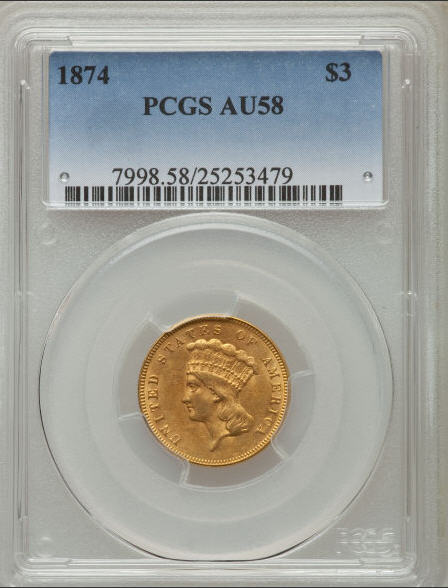 【動画あり】アンティークコイン アメリカ 3ドル金貨インディアンプリンセスヘッド1874 $3 PCGS AU58
