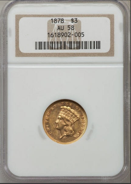 アンティークコイン　アメリカ　3ドル金貨インディアンプリンセスヘッド1878 ＄3 NGC AU58