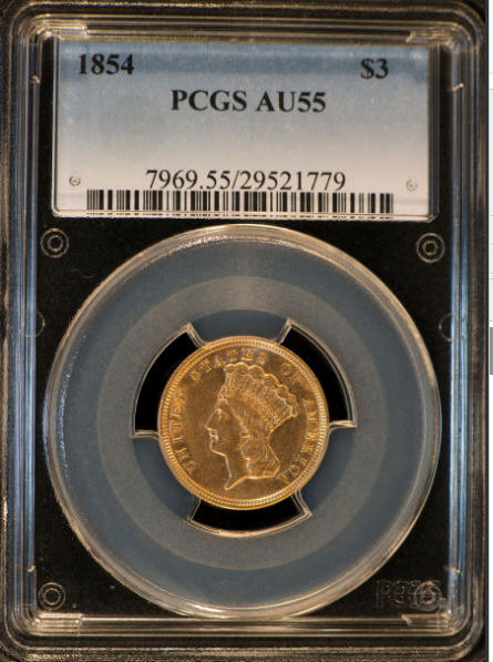 アンティークコイン　アメリカ　3ドル金貨インディアンプリンセスヘッド1854 ＄3 PCGS AU55