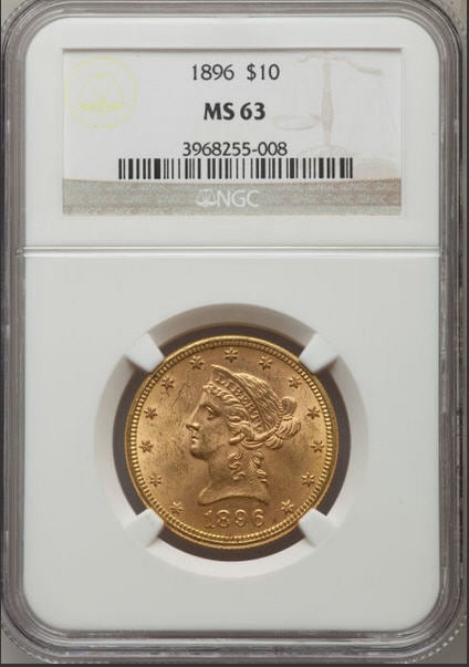 【動画あり】アンティークコイン アメリカ 10ドル金貨リバティヘッド 1896 $10 NGC MS63