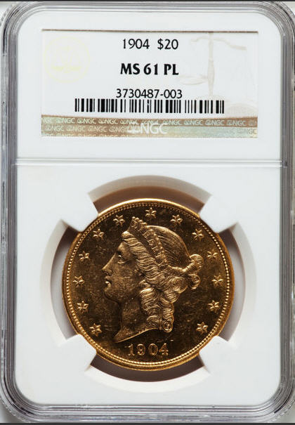 【動画あり】アンティークコイン　アメリカ　20ドル金貨リバティヘッド1904 LIBERTY ＄20　MS61PL（プルーフライク） NGC
