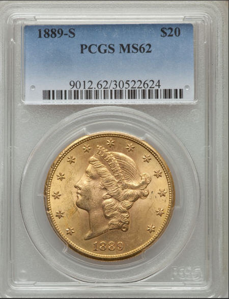 【動画あり】アンティークコイン　アメリカ　20ドル金貨リバティヘッド1889-S LIBERTY ＄20　MS62 PCGS