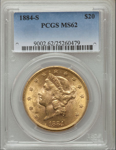 【動画あり】アンティークコイン　アメリカ　20ドル金貨リバティヘッド1884-S LIBERTY ＄20　MS62 PCGS