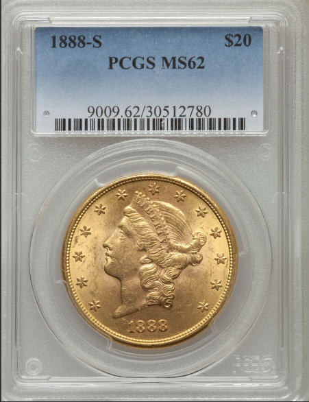 アンティークコイン　アメリカ　20ドル金貨リバティヘッド1888-S LIBERTY ＄20　MS62 PCGS