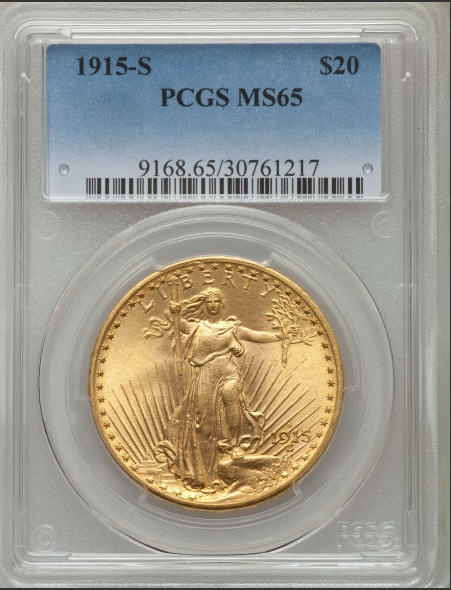 アンティークコイン　アメリカ　20ドル金貨セントゴーデンズ 1915-S PCGS MS65