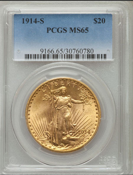アンティークコイン　アメリカ　20ドル金貨セントゴーデンズ 1914-S PCGS MS65