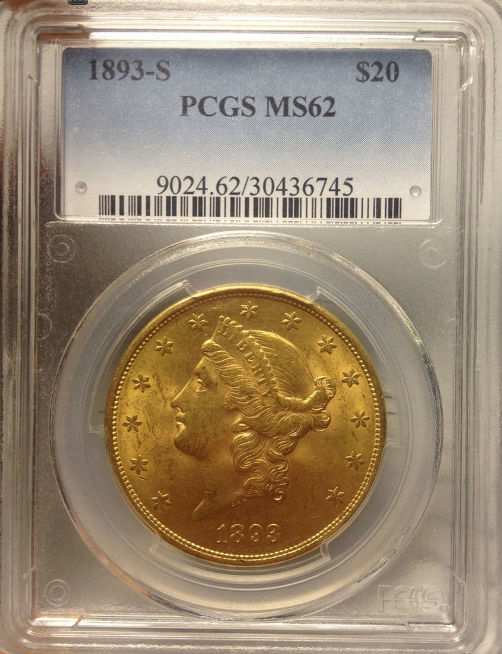 【動画あり】アンティークコイン　アメリカ　20ドル金貨リバティヘッド1893-S LIBERTY ＄20　MS62 PCGS
