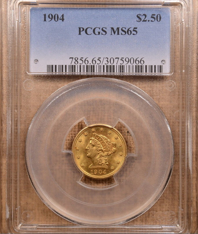 アンティークコイン　アメリカ　2.5ドル金貨 1904 ＄2 1/2 PCGS MS65