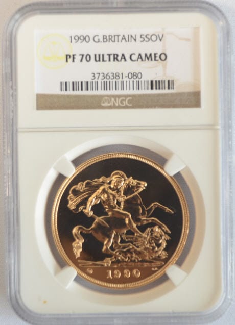 1990グレートブリテン5ポンドプルーフ金貨（ソブリン）PF70NGC　UCAM