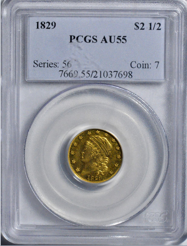 【動画あり】アンティークコイン　アメリカ　2.5ドル金貨1829 ＄2 1/2 PCGS AU55 - キャップドバスト